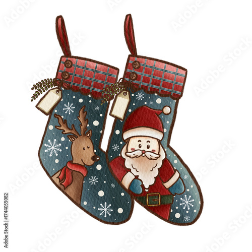 Watercolor Christmas Stockings with Santa Claus and Reindeer Illustration Isolated on White Background