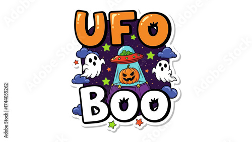 UFO Boo: A playful illustration blending the thrill of Halloween with the mystery of the cosmos, featuring a UFO, adorable ghost figures, a jack-o'-lantern, and stars.