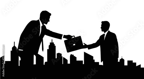 Professional businessmen in silhouette exchanging briefcase over cityscape, symbolizing deal success and partnership in modern commerce.