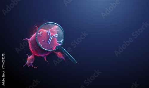 Red tumor under magnifying glass with antibodies inside. Cancer treatment, monoclonal antibody therapy, immunotherapy, targeted therapy, concept.