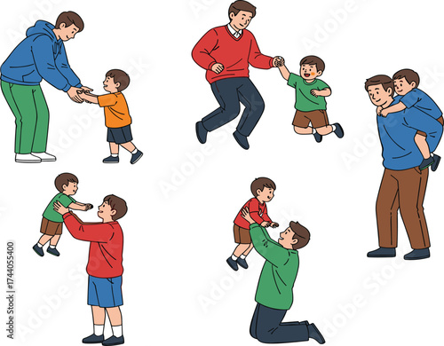 Father and son bonding, playful interaction, happy family moments, parenting love, joyful childhood, outdoor activity, emotional connection, caring adult, fatherhood concept, family lifestyle illustra