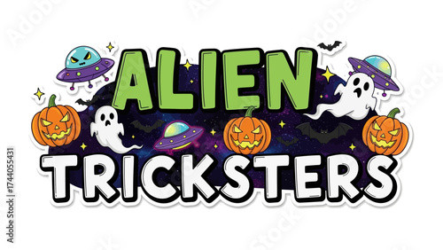 Halloween's Alien Tricksters: A festive illustration merges extraterrestrial elements with traditional Halloween symbols, showcasing a blend of cosmic charm and seasonal joy.
