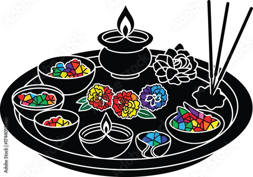 Detailed black silhouette of a traditional indian pooja thali or offering plate, featuring lit diya lamps, incense sticks, and bowls filled with vibrant, multi-colored flowers and petals.