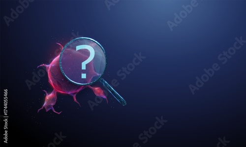 Red tumor under magnifying glass with question mark inside. Medical analysis, oncology research, disease detection, pathology investigation concept.