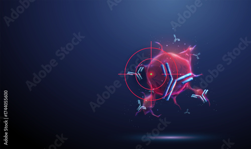 Red tumor with flying antibodies around and a target. Cancer treatment, targeted immunotherapy, monoclonal antibody therapy, precision medicine concept.