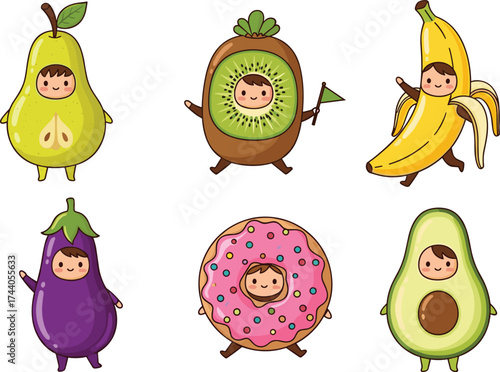 Cartoon fruit and vegetable characters, playful food illustration, kids educational design, anthropomorphic produce art, healthy eating concept, vector set, white background