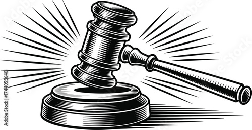 Illustration of a gavel on a block with radiating lines behind it