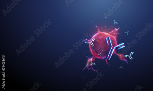 Red tumor surrounded by antibodies. Cancer treatment, immunotherapy, monoclonal antibody therapy, targeted therapy, oncology research concept.