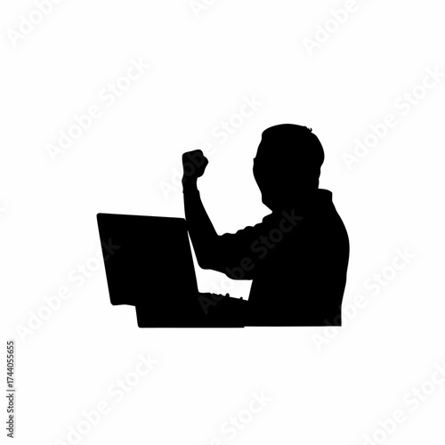 Sound designer creating ambient effects on computer silhouette isolated on white background