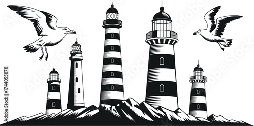 Illustration of lighthouses on rocks with seagulls flying around them