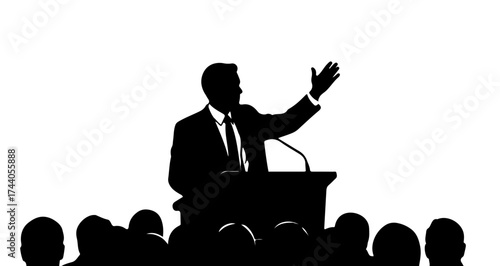 Dynamic presenter delivering a powerful speech to an engaged audience during a professional business conference, inspiring success