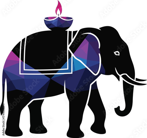Majestic elephant silhouette with a low poly geometric pattern in purple and blue hues, carrying a diya or oil lamp, a vector symbol for diwali, india, culture, and celebration.