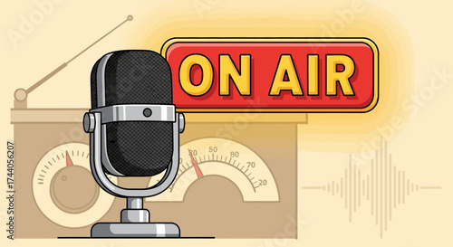 Illustration of a vintage microphone, radio, and "On Air" sign, broadcasting.