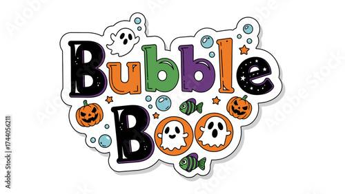 Bubble Boo Halloween Illustration: Festive, playful, bubble Boo Halloween illustration with a ghostly character and decorative pumpkins, perfect for event promotion or seasonal decor.