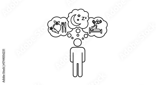 A simple illustration of a person thinking about food, sleep, and rest.