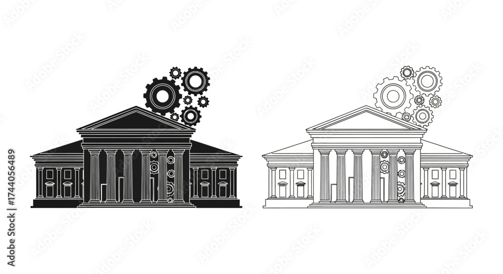 Fototapeta premium Two building illustrations, one dark and one light, with gears floating above, suggesting industry or progress.