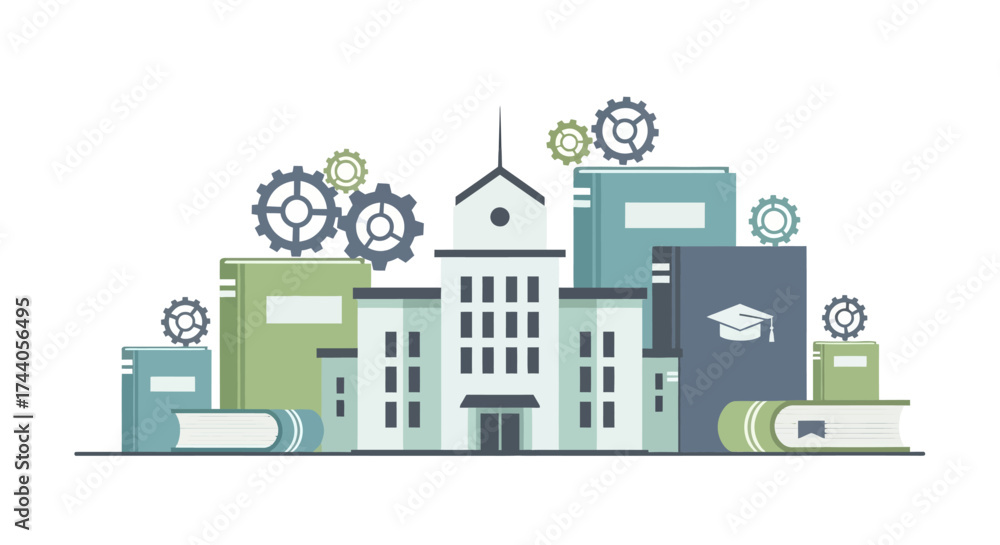 Fototapeta premium Illustration of a building surrounded by books and gears, representing knowledge and learning.