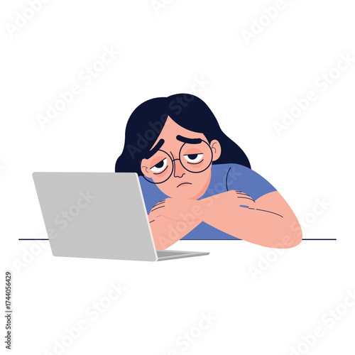 Woman with Glasses Overwhelmed by Work and Resting Head on Laptop Vector Illustration.