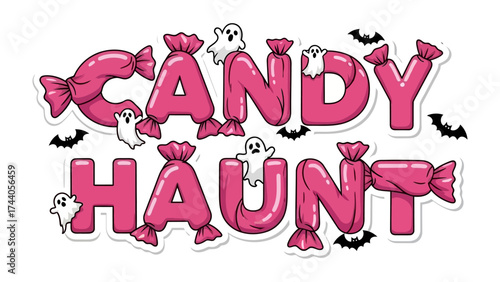 Candy Haunt Illustration: A vibrant illustration with candy-shaped letters spelling out Candy Haunt, complemented by playful ghosts and bats, evoking the joy of Halloween.