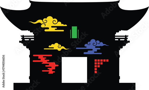 Intricate black silhouette of a traditional asian temple or pagoda with colorful stylized clouds and geometric patterns, a vector symbol of eastern culture, spirituality, and history.