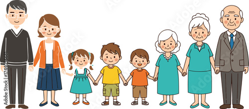 Cartoon multigenerational family illustration, happy characters holding hands, grandparents, parents, children, unity concept, colorful vector art, family bond design