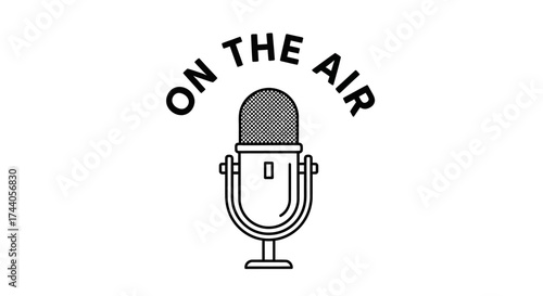 Simple black and white illustration of a vintage microphone broadcasting "On The Air".