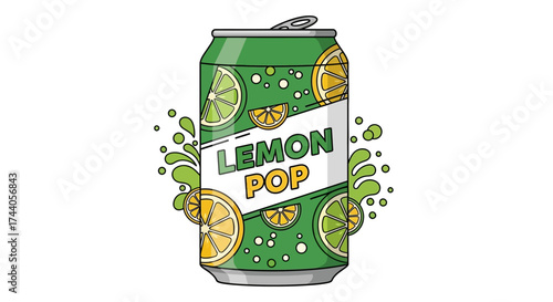 Illustration of a green soda can with lemon and lime slices, labeled "Lemon Pop", surrounded by splash effects.