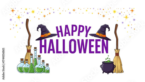 Happy Halloween: A festive Halloween image, featuring spooky hats, bubbly potions, brooms and the phrase Happy Halloween