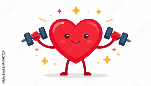 A cartoon heart character with a smiling face lifting dumbbells, surrounded by sparkling effects, on a white background.
