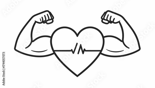 A heart icon with muscular arms flexing, featuring a heartbeat line across the center, all in a simple black and white line drawing.