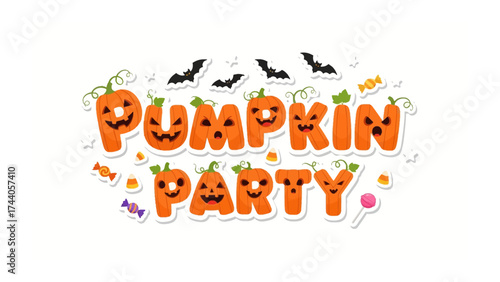 Halloween Pumpkin Party: A vibrant and festive scene with grinning pumpkins spelling out PUMPKIN PARTY, with a backdrop of playful bats and sweets, perfect for a joyful celebration.