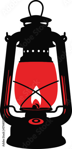 Classic black silhouette oil lantern or kerosene lamp with a glowing red glass globe, symbolizing antique lighting, traditional warmth, and vintage survival gear for camping and emergency.