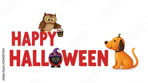 Festive Halloween Greeting: A delightful Halloween-themed illustration featuring a charming owl, cat, and dog. Each character is ready for Halloween, adding to the festive atmosphere.