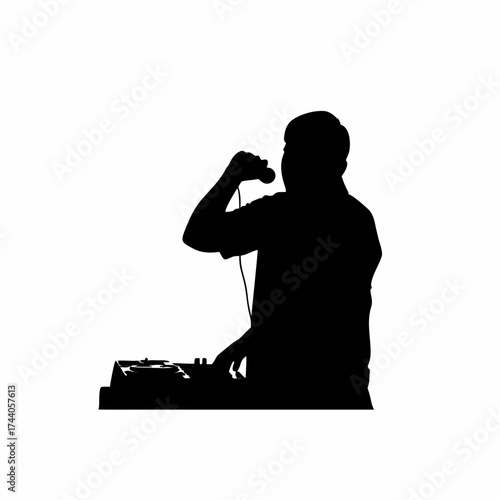 Sound engineer mixing audio in recording studio silhouette isolated on white background