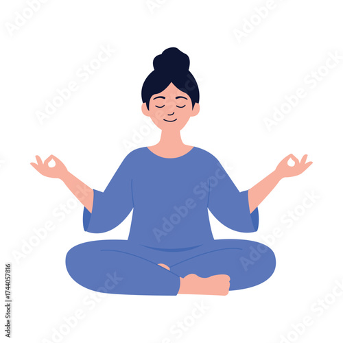 Calm Woman Meditating in Lotus Pose for Mindfulness and Relaxation Vector Illustration.
