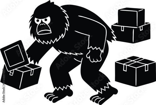 Bigfoot struggling with boxes Black Friday. Sasquatch a Large Hairy Human like Creature Cartoon Animal Clip art silhouette Vector Illustration