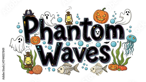 Phantom Waves of Halloween Fantasy: A vibrant illustration evokes the spooky spirit of Halloween with whimsical elements, blending the mystery of the ocean with festive decorations.