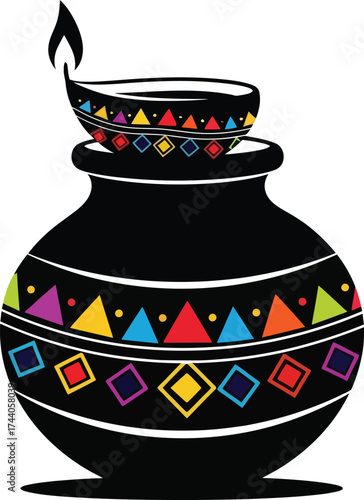 Traditional Indian earthen pot or kalash silhouette with a diya lamp on top, decorated with colorful tribal geometric patterns for Diwali and festive concepts.