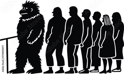 Bigfoot waiting in line Black Friday. Sasquatch a Large Hairy Humanlike Creature Cartoon Animal Clipart Art silhouette Vector Illustration