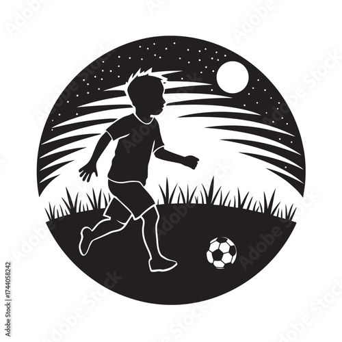 Child Running With Ball Sunset Silhouette Vector