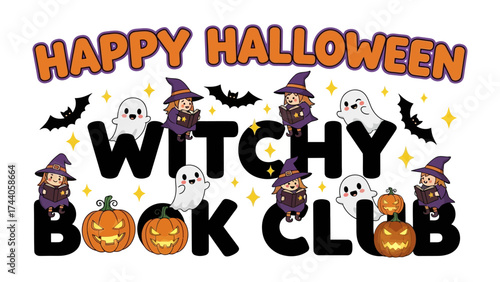 Spooky Halloween: Spooky festive and eye-catching Witchy Book Club, embracing Halloween cheer. Ideal for promotional materials or seasonal greetings. 
