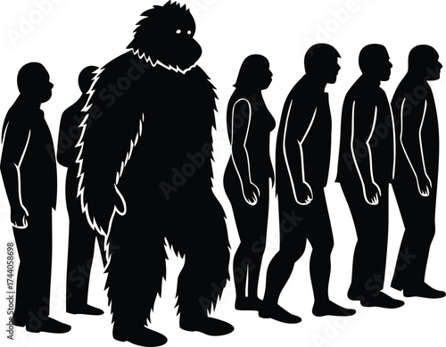 Bigfoot waiting in queue Black Friday. Sasquatch a Large Hairy Human like Creature Cartoon Animal Clip art silhouette Vector art