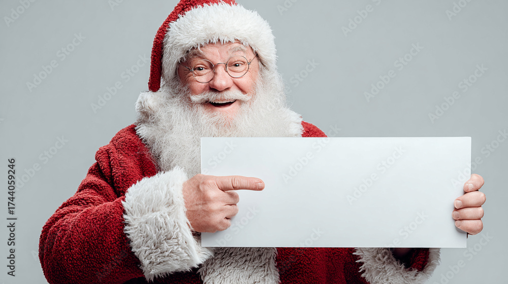 Naklejka premium Smiling Santa Claus pointing at a blank advertising banner with space for text