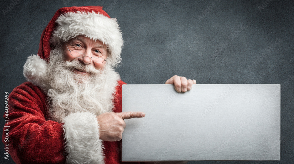 Naklejka premium Smiling Santa Claus pointing at a blank advertising banner with space for text 