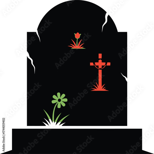Cracked black granite gravestone illustration with a red cross, floral motifs, and minimalist design, representing a solemn religious memorial concept.