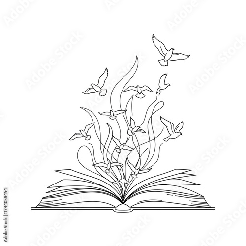 Stunning line art symbolizes knowledge release as doves take flight from an open storybook
