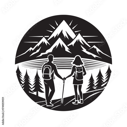 Couple Hiking Mountains Sunset Silhouette Vector Artwork