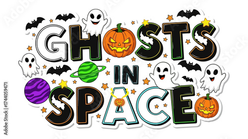Ghosts in Space: A whimsical and imaginative illustration combining the ethereal world of Halloween ghosts with the vastness of outer space.