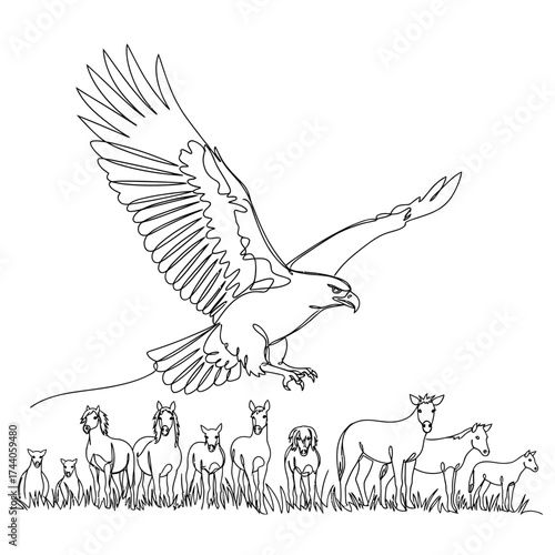 Stunning single line drawing captures powerful eagle swooping above herd of frightened animals in grassy field