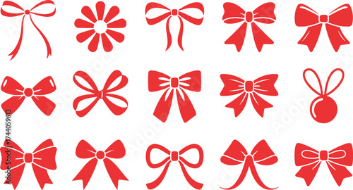 Collection of red bow and flower vector illustrations on white background
